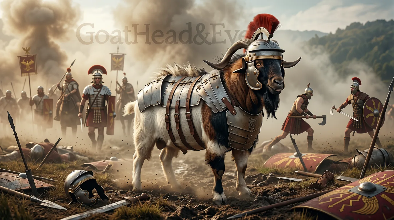 Fantasy artwork of a goat wearing Roman-inspired armor on a battlefield.